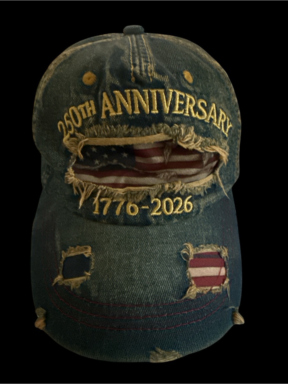 Distressed 250th Anniversary Denim Cap with American Flag